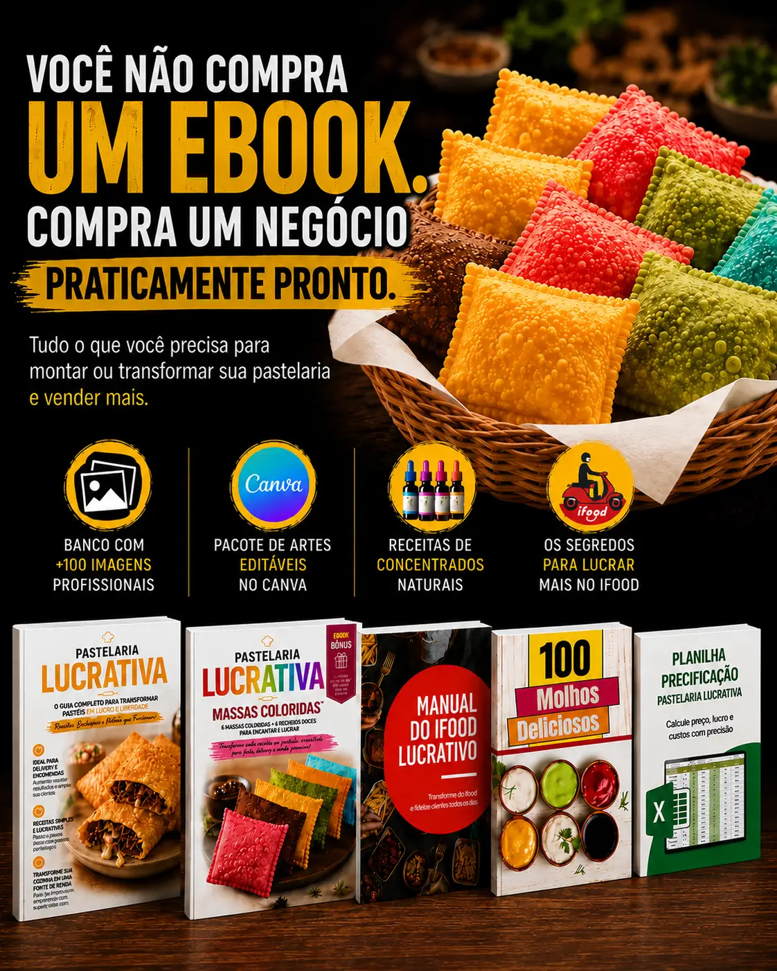 Comparativo: pastel comum de um lado, pastéis coloridos do outro