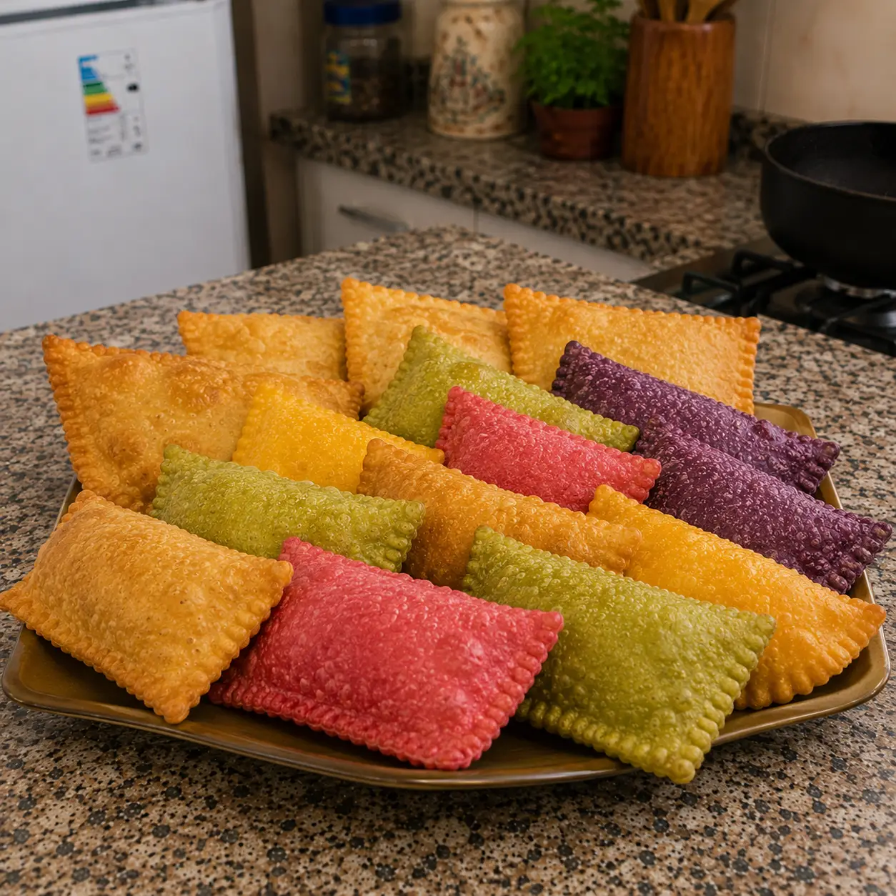 Bandeja com pastéis tradicionais e coloridos