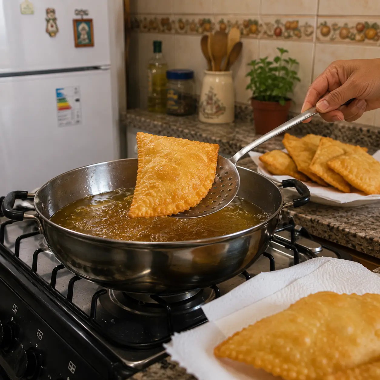 Fogão comum, frigideira e escumadeira