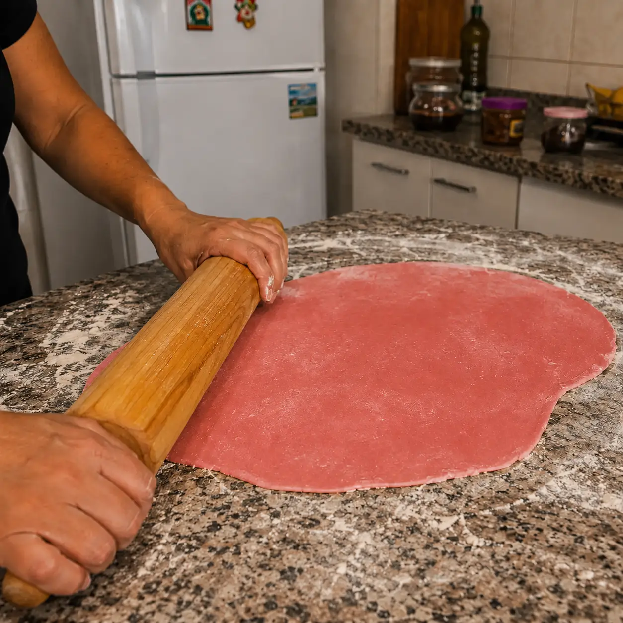 Rolo de macarrão abrindo a massa do pastel