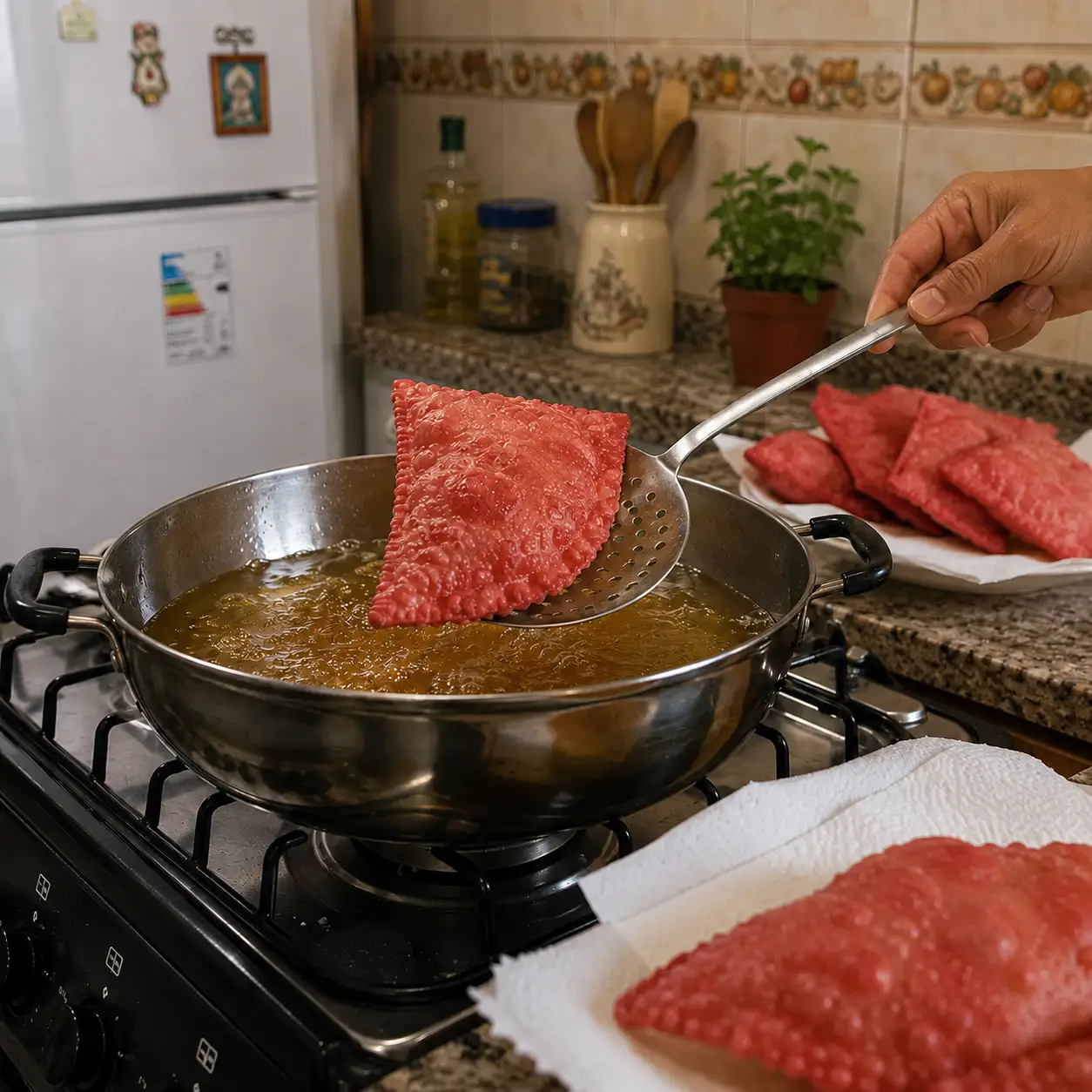 Fogão comum, frigideira e escumadeira